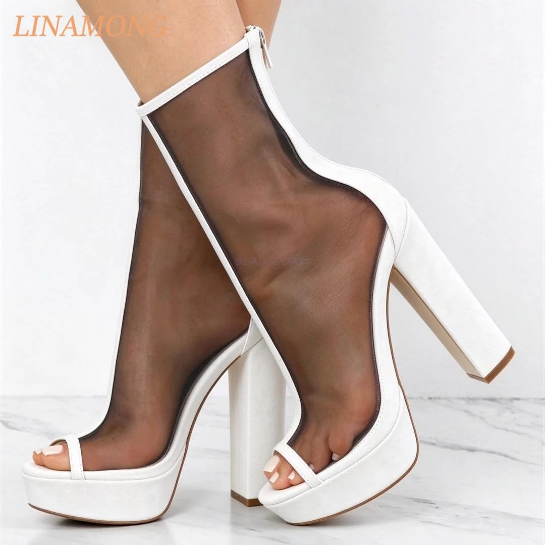Women Peep Toe Mesh Ankle Booties See Through Upper Platform Block Heels Back Zipper Party Nightclub Trendy High Heel Footwear