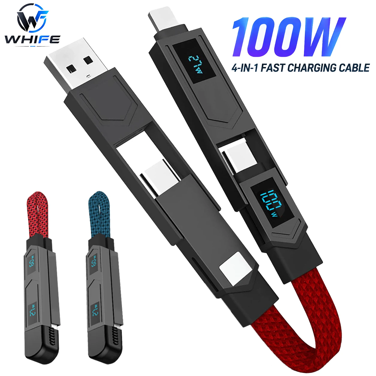 4-in-1 Keychain PD Fast Charging Data Cable 100W Cable Type C/USB C with LED Display for iPhone, iPad, MacBook,Laptop