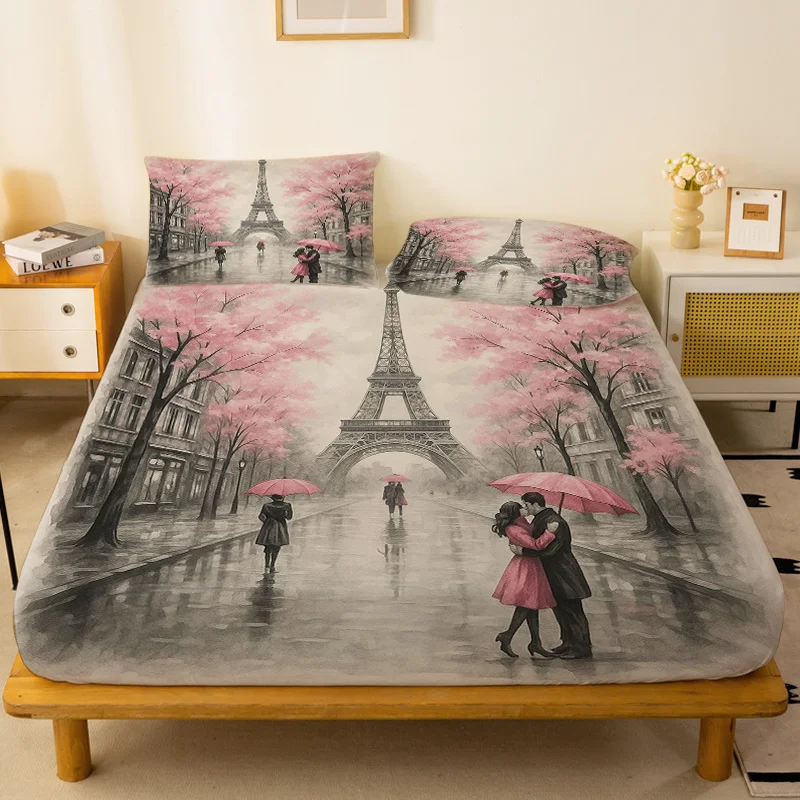 Romantic Rainy Couple Tower with Full Blooming Cherry Blossoms Bed Sheet 2D Digital Print Three-Piece Bedding Set (includes 1 bed sheet + 2 pillowcases) Mattress Protector, Elastic-Fitted Sheet, Protective Cover, Mattress Protector, Japanese Style Bedding