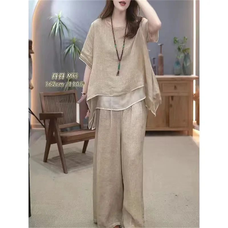 

Literature and Art Retro Cotton Hemp Set for Women's 2024 Summer New Ethnic Style Loose and Slimming Style Two Piece Set Khaki