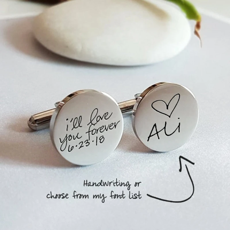 Gemelos redondos con grabado personalizado, nombre y texto, iniciales de escritura a mano, regalo de boda para marido y novio