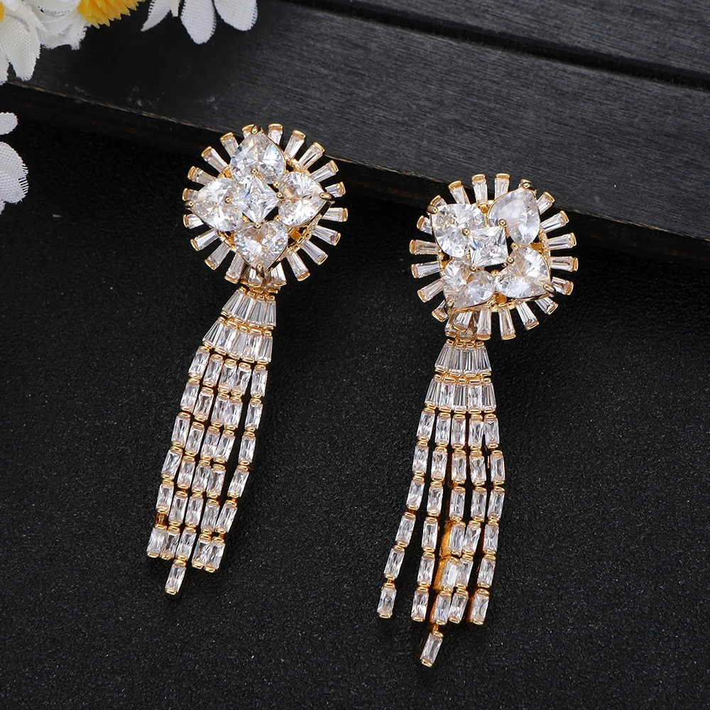 Luxury Heart Cut CZ Tassel Statement Earrings Wedding Party Earring for Women  Brincos boucle D'oreille