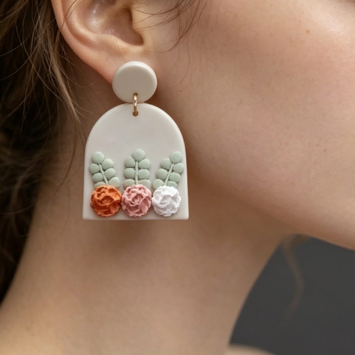 Handmade Sunflower Polymer Clay Earrings Women 3D Floral Hoop Mustard Yellow Sage Green Geometri Botanical Dangle Earrings Gift