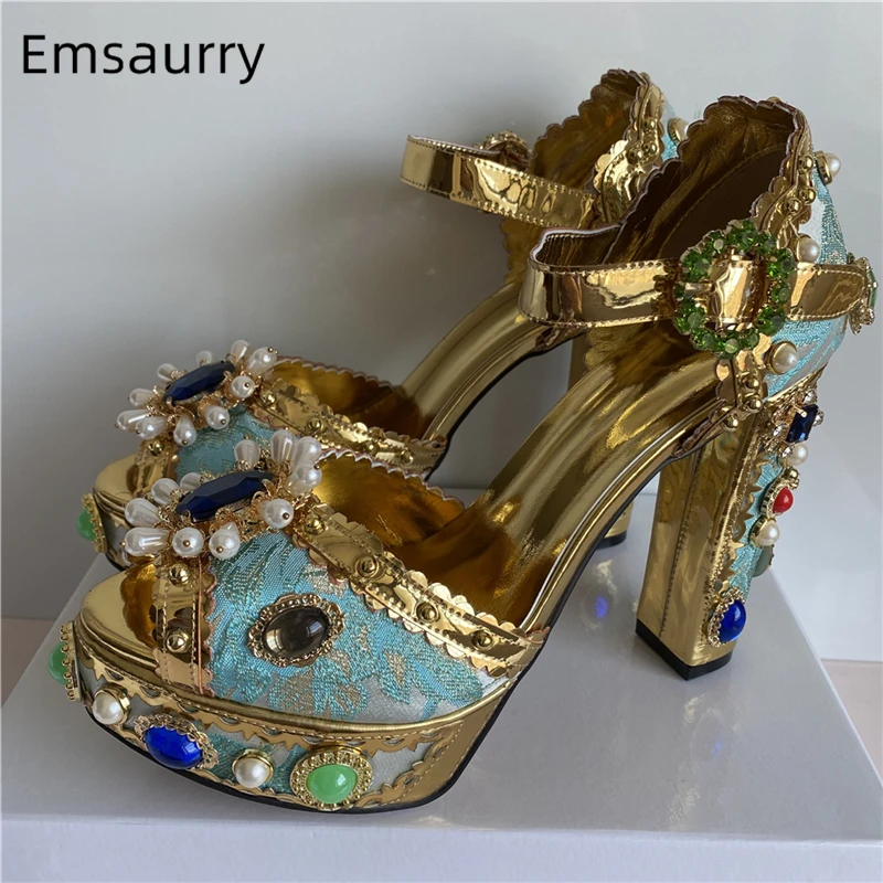 

Top Quality Embroidery Satin Party Shoes Summer Beads Pearl Chunky Heel Rhinestone Diamond Platform Sandals Women