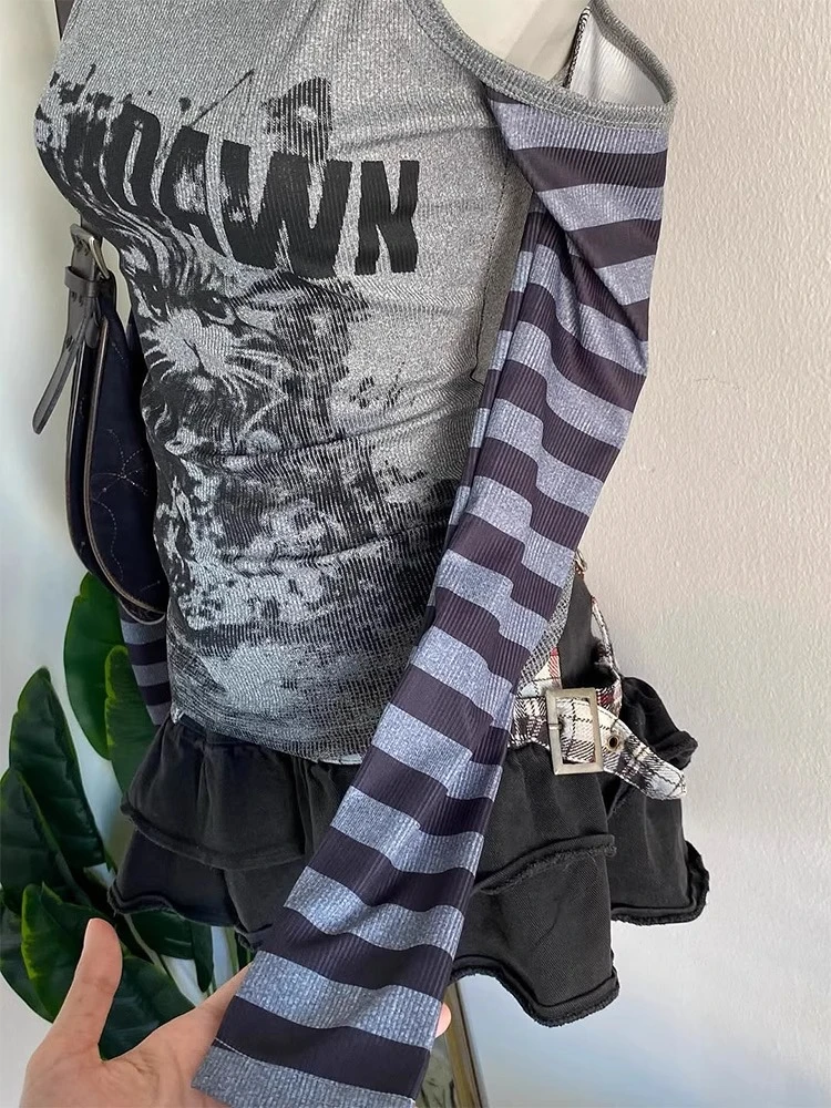 Harajuku Strip Patchwork Hollow Out Hoodie Tops Women Gothic Vintage Cat Print Y2k T-shirt Fashion Long Sleeves Cute Streetwear
