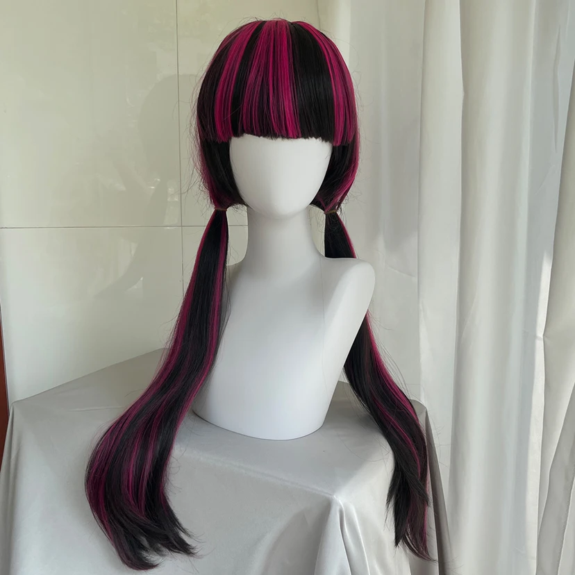 

High Quality Movie Draculaura Cosplay Wig Long Straight Black Rose Pink Heat Resistant Synthetic Hair Anime Wig