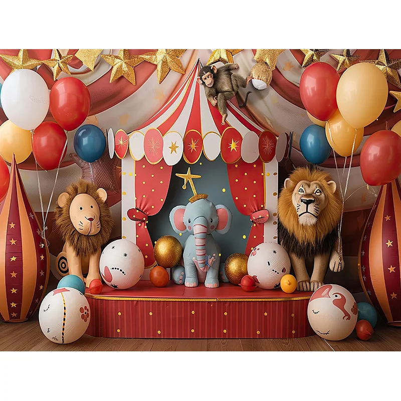 SD-04ฉากหลังเต็นท์ละครสัตว์พร้อมกันสาดลายทางสำหรับถ่ายรูปป๊อปคอร์นลูกโป่งของตกแต่งปาร์ตี้วันเกิดรูปสัตว์สตูดิโอ