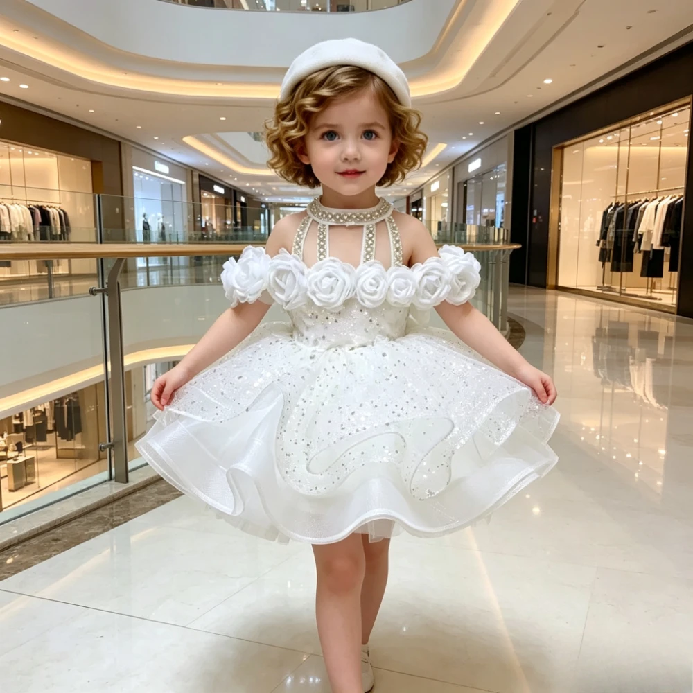 Children Sweet Princess Style Birthday Celebration Runway Gown Clothes White Off Shoulder Tulle Floral Sequin Elegant Tutu Girls