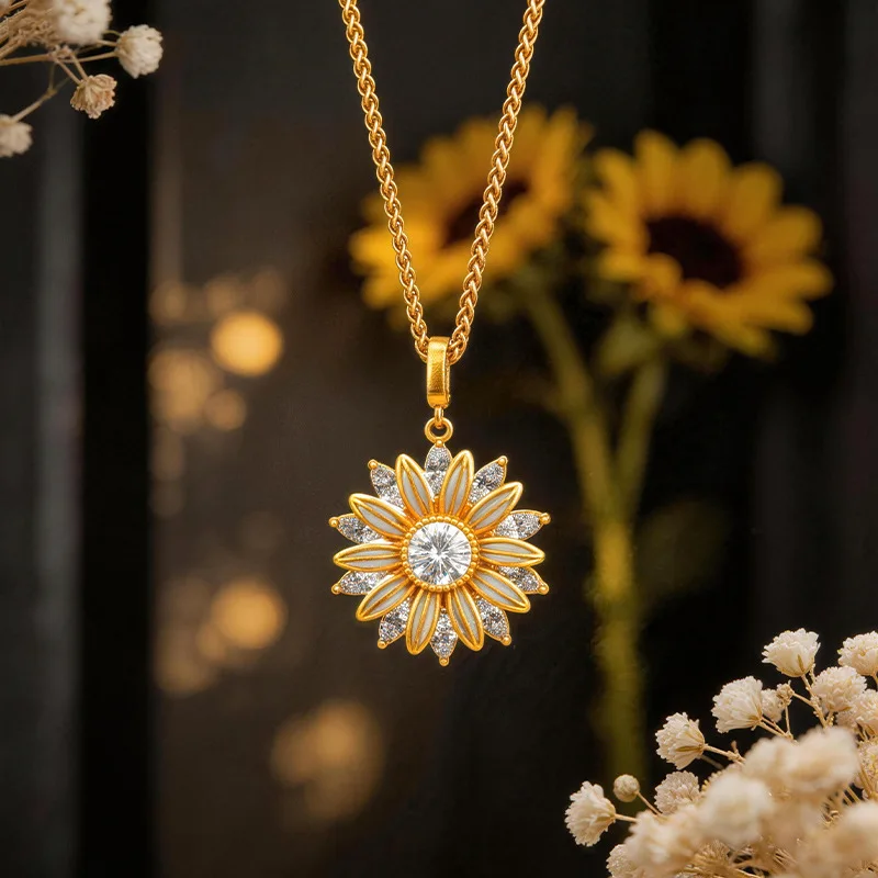 Sand gold white diamond enamel color sunflower necklace pendant small burst flash sunflower pendant send girlfriend 9999gold