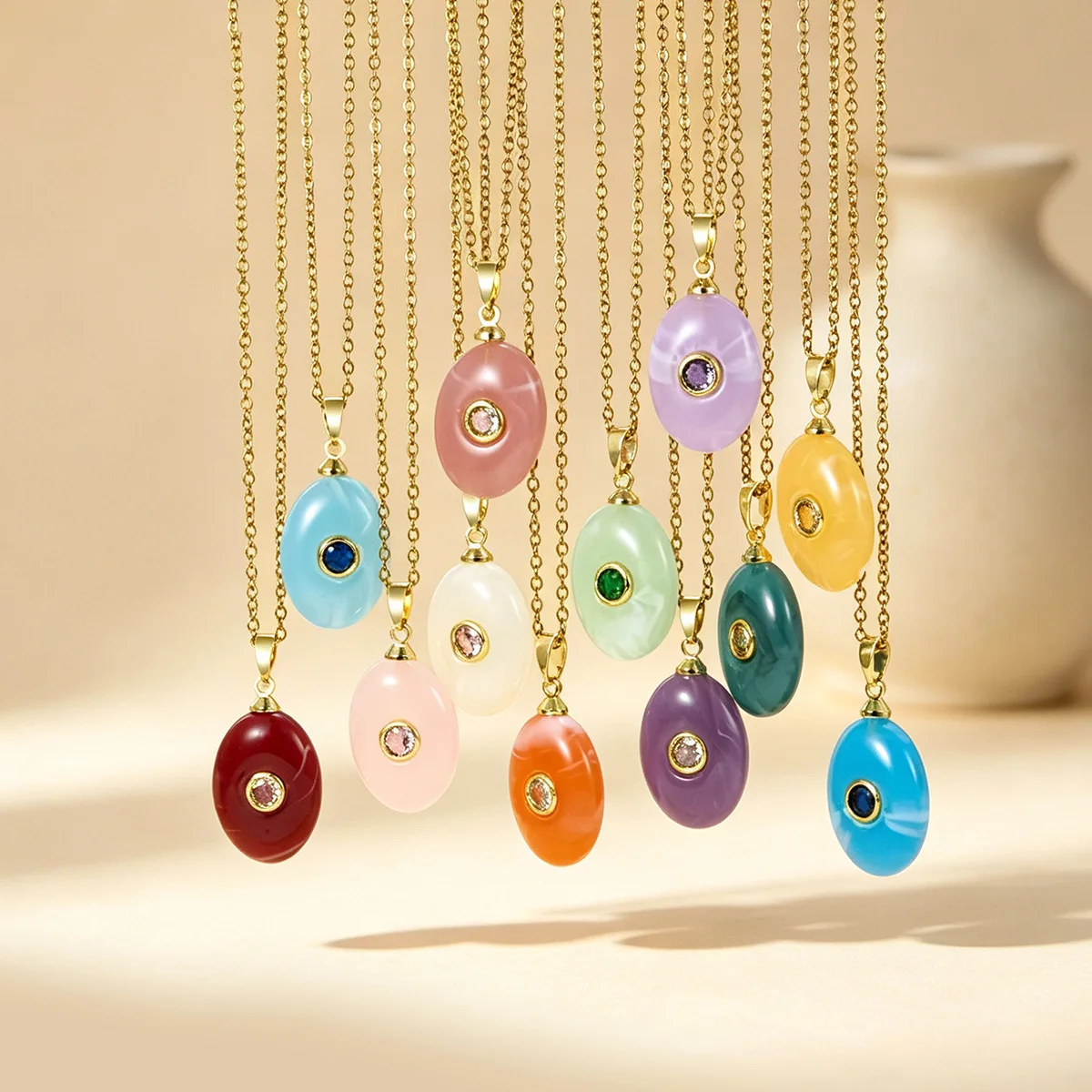 1pc Resin Oval Imitation Stone Effect Inlaid Colorful Rhinestone Pendant Ins Style Round Zircon Choker Necklace Jewelry