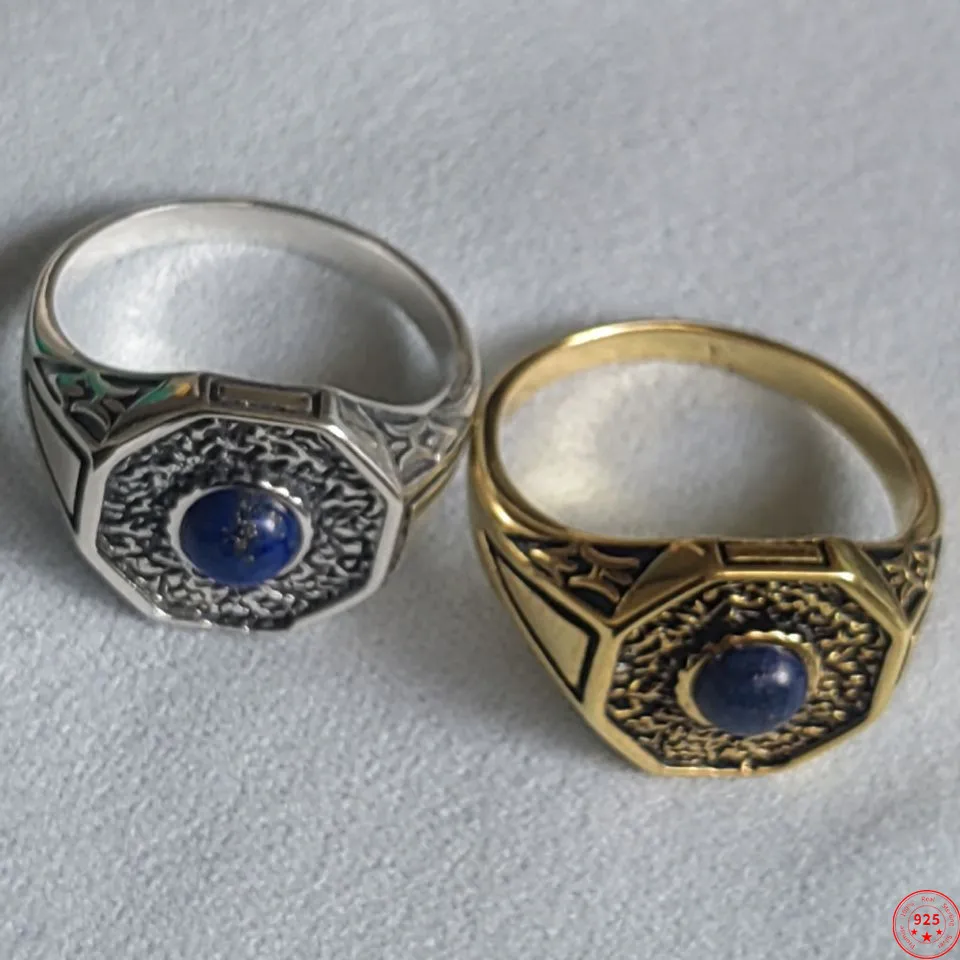 Real Pure S925 Silver Inlaid Lapis Lazuli Men's and Women's Rings Film and Television Drama The Vampire Diaries Jewelry