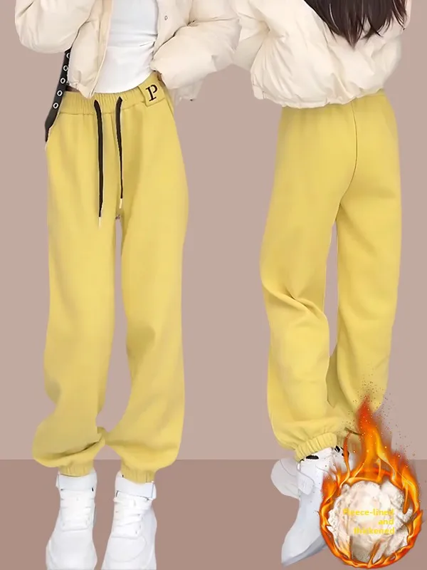 

Thiened Fce Lined Yellow Pure Cotton Sports Casual Pants Women's Spring Autumn Sle Loose Fit Harlan Sweatpants