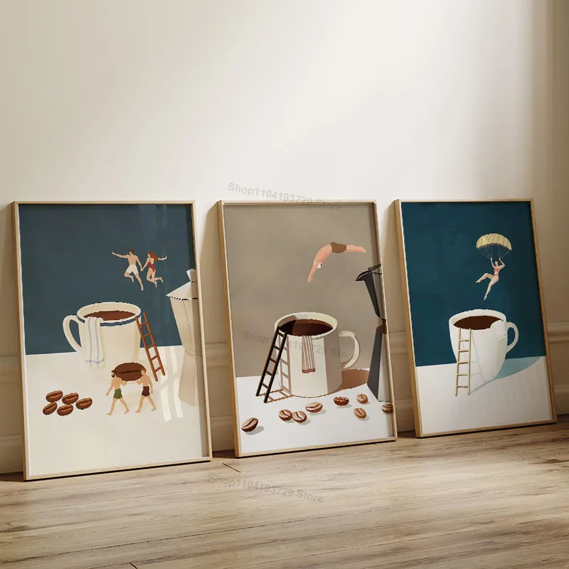 Funny Coffee Machine Cafe Club Diver Abstract Wall Art Canvas Prints Poster Modern Print Kitchen Office Home Decor Posters Gifts