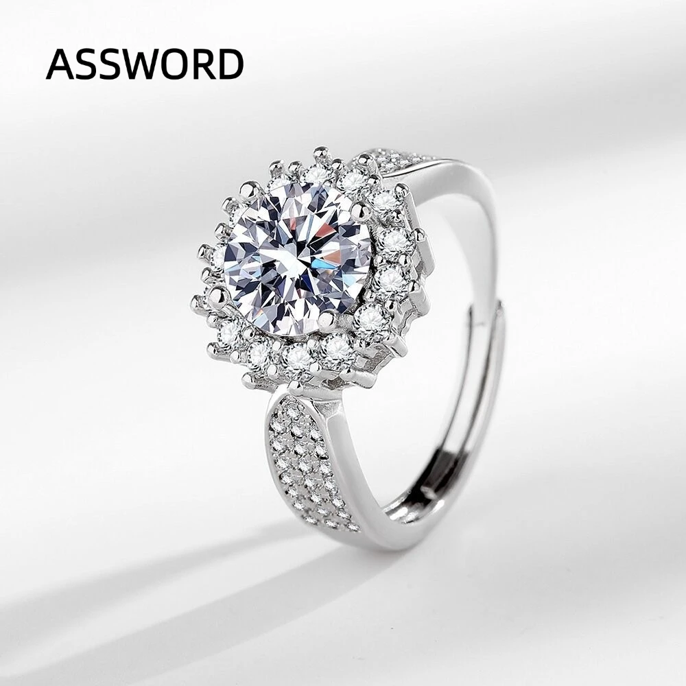 925 Sterling Silver Round Cubic Zirconia Adjustable Open Ring Double Halo CZ Band Engagement Wedding Fine Jewelry for Women