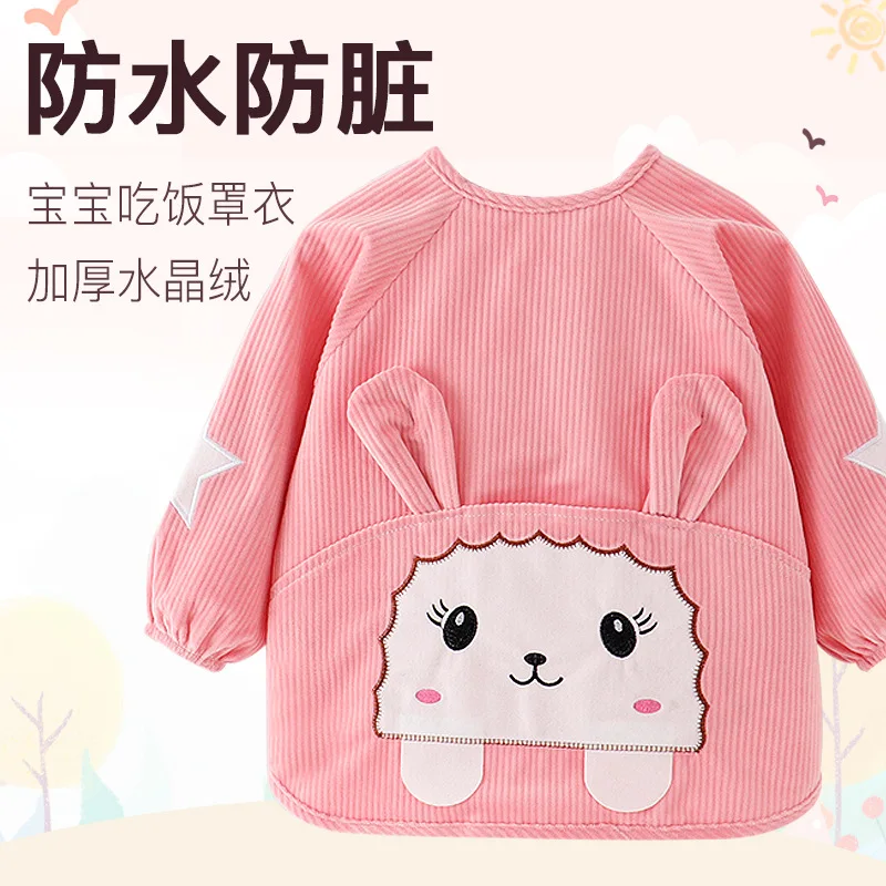 Waterproof Toddler Bib with Sleeves Crystal Velvet Apron Long Sleeve Feeding Smock Anti-Stain Baby Eating Bib for Autumn Winter