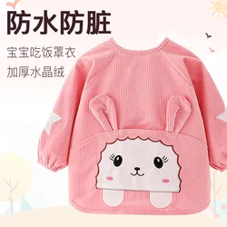 Waterproof Toddler Bib with Sleeves Crystal Velvet Apron Long Sleeve Feeding Smock Anti-Stain Baby Eating Bib for Autumn Winter