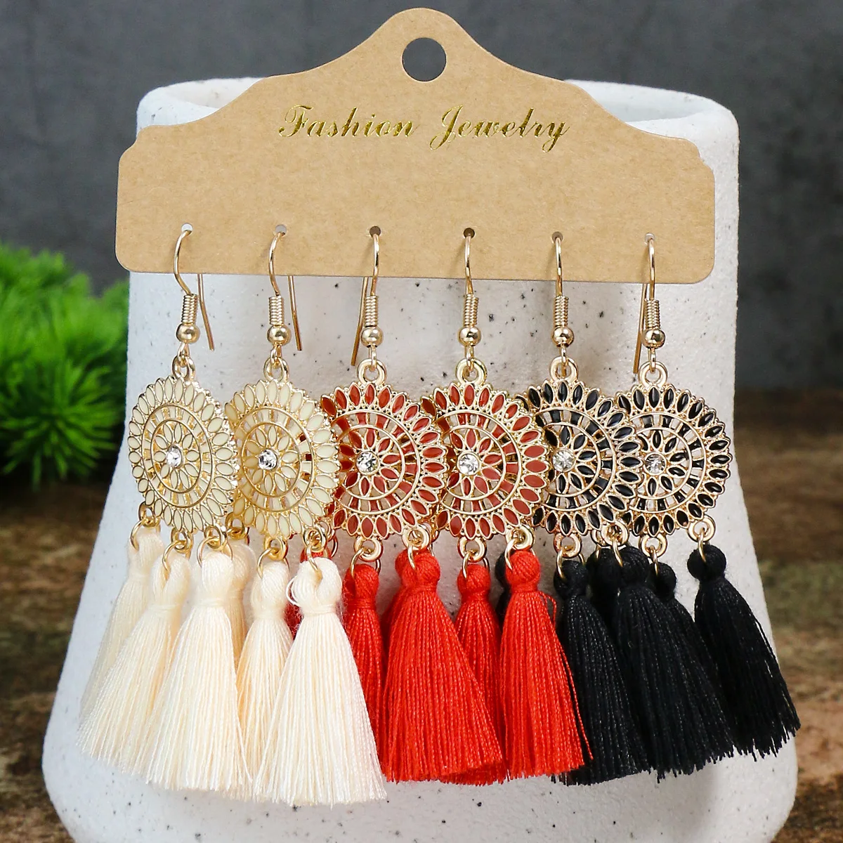 Boho Vacation Style Women Earrings Set Colored Tassel Design Rhinestone Inlay Round Earrings Court Style Jewelry Gifts