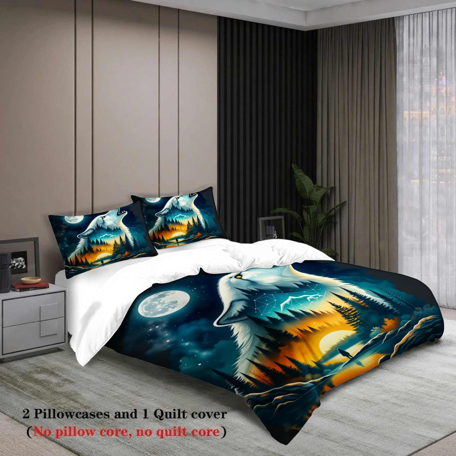 3pcs Wolf Howling At Moon Bedding Sets 3D Printed Night Forest Scene Duvet Cover Sets With Pillowcases No Filling