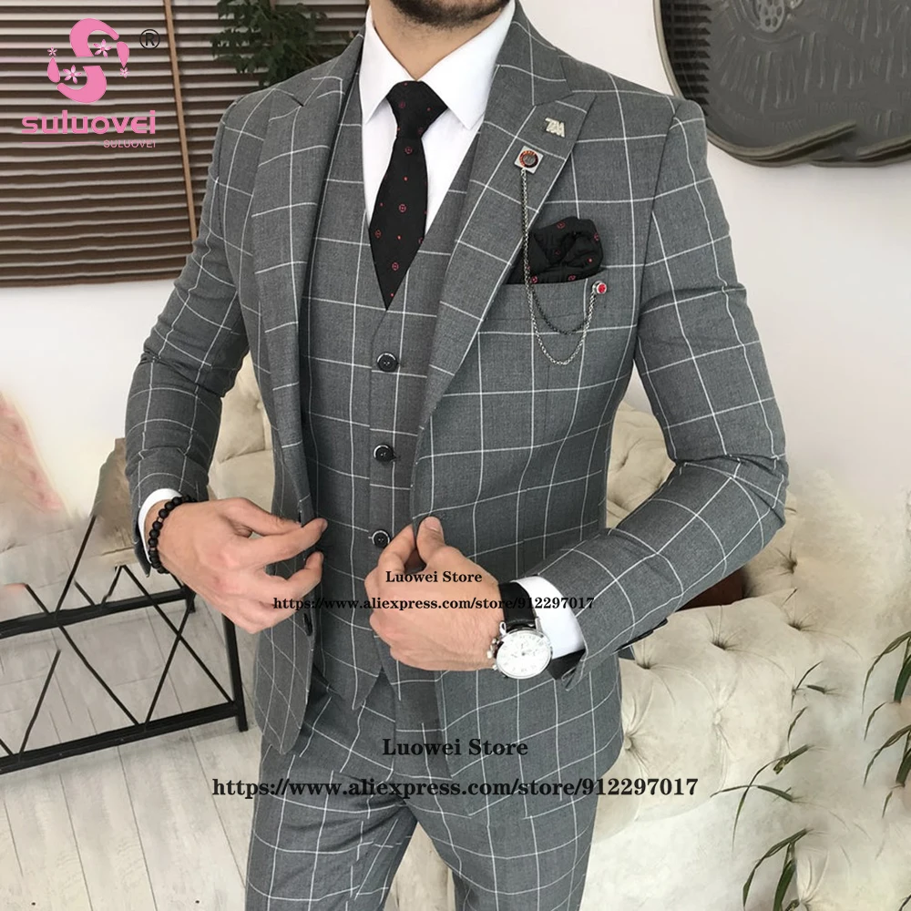 

Classic Slim Fit Suits For Men Plaid 3 Piece Jacket Vest Pants Set Male Business Blazer Formal Wedding Groom Peaked Lapel Tuxedo