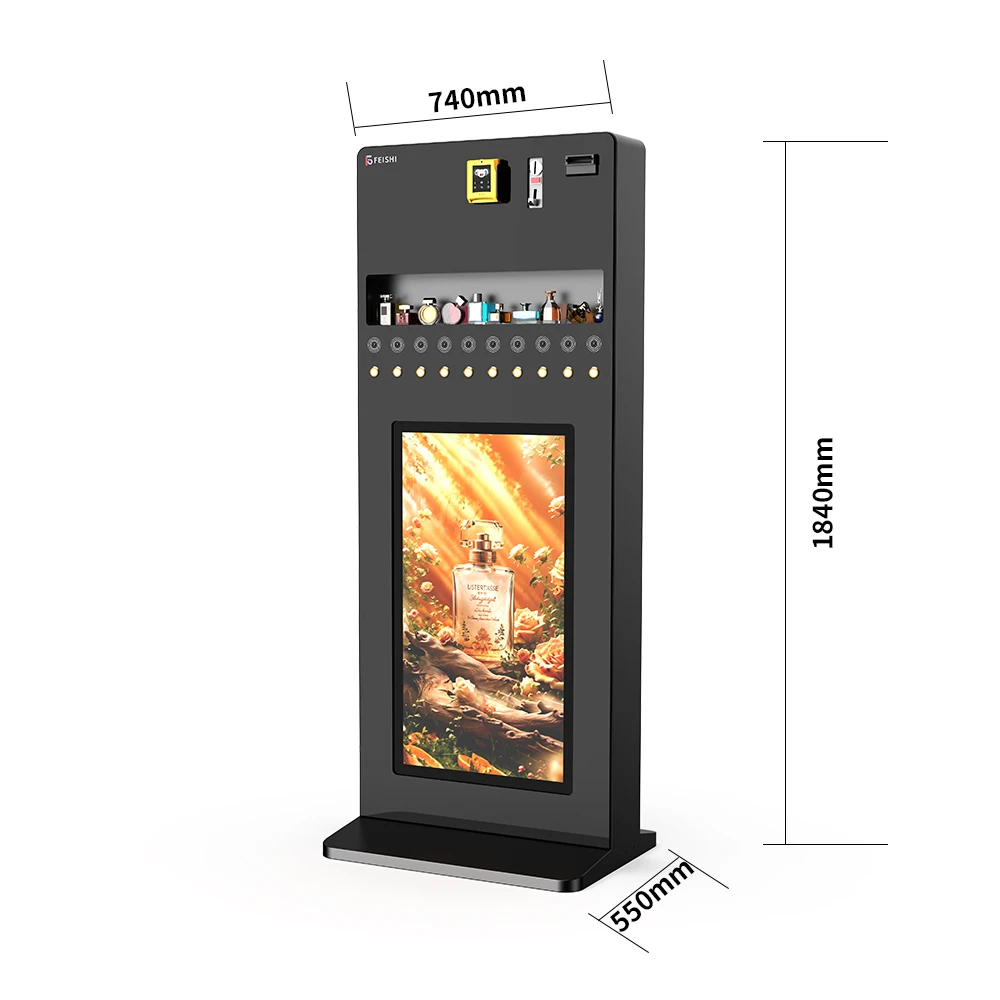 24/7 Self-Service Spray Cologne Vending Machine 10 Inch Advertising Screen Floor Standing Feishi Perfume Spray Vending Machine