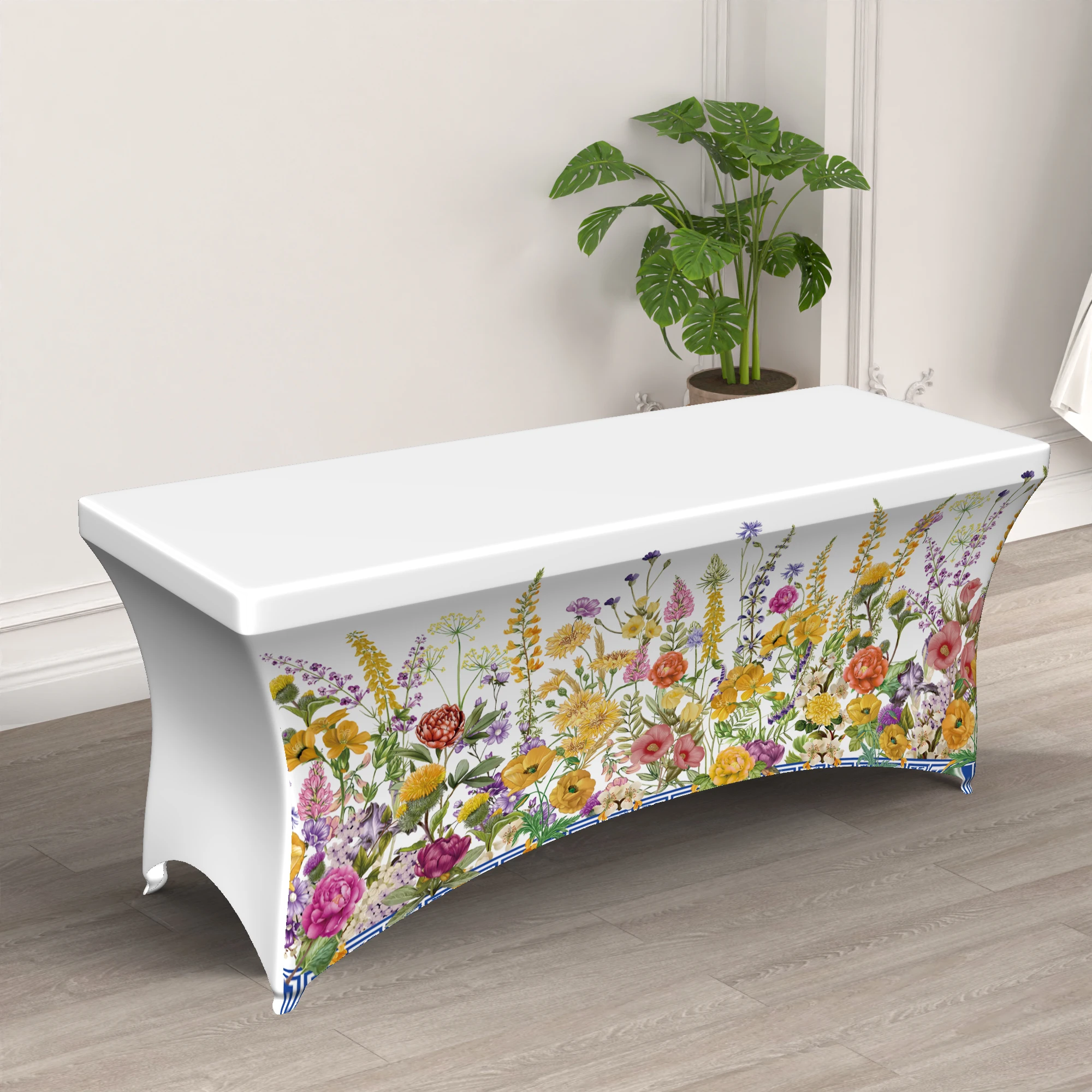 1pc All-inclusive tablecloth,Boho Floral Border Print Fitted Tablecloth,Suitable for kitchen parties