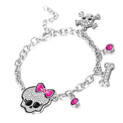 Pink Halloween Skeleton Charm Bracelet Girly Punk Gothic Lovely Pink Bow-Knot Skull Woman Jewelry Birthday Gift
