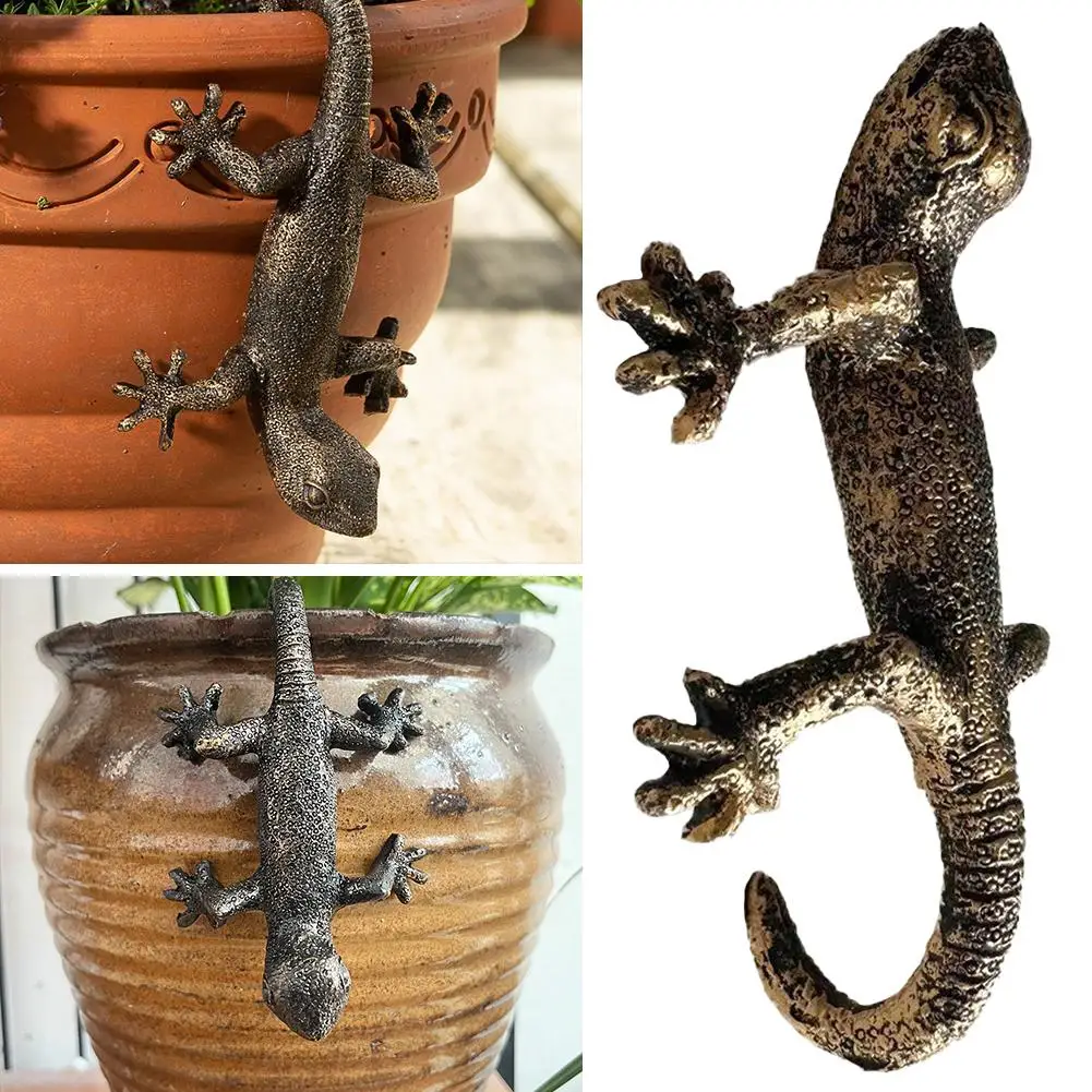 Vintage Bronze Gecko Hanging Flower Pot Hanger Decorative Gecko Simulated Pet Suspension Garden Sculpture Animal Ornament Q1C2