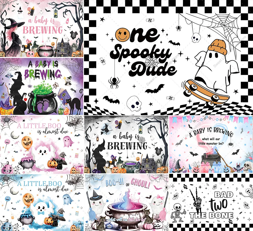 Fondo de dibujos animados de Halloween para Baby Shower, decoración de fiesta, un pequeño Boo está casi debido, fantasma, murciélago, bebé, 1er cumpleaños, foto de fondo