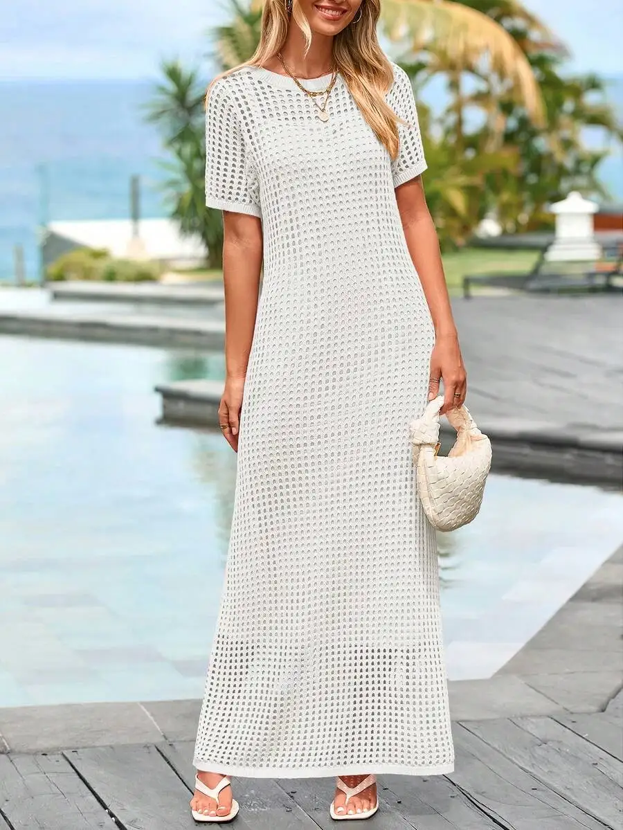 

Womens Hollow Knit Smock Dress Short Sleeve Maxi Beach Sundress