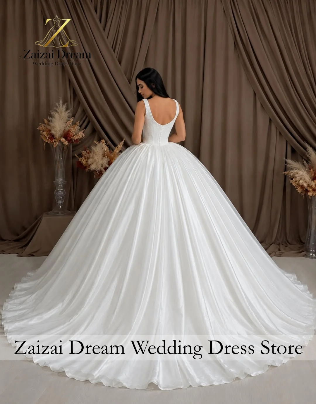 Customzied Luxury Pearl Satin Wedding Dress Square Neck Ball Gown Princess Bridal Gown with Long Train Vestido De Novia