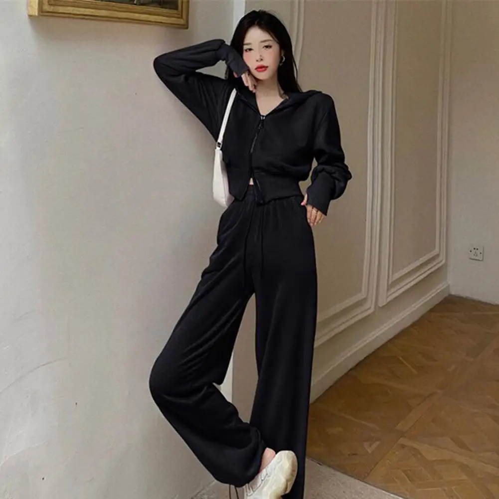 Winter 2023 New Coat Pants Suit Women Loose Hooded Cardigan Sweater Temperament Casual Wide-leg Pants Pullover Two-piece Suit