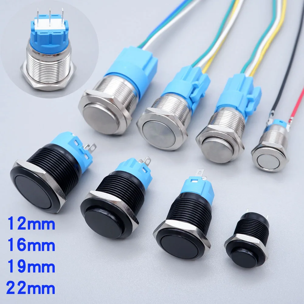 Metalowy przełącznik przyciskowy 12/16/19/22mm bez diody LED Start Stop On/Off wodoodporny chwilowy zatrzaskowy wyłącznik zasilania wysoka głowica płaska
