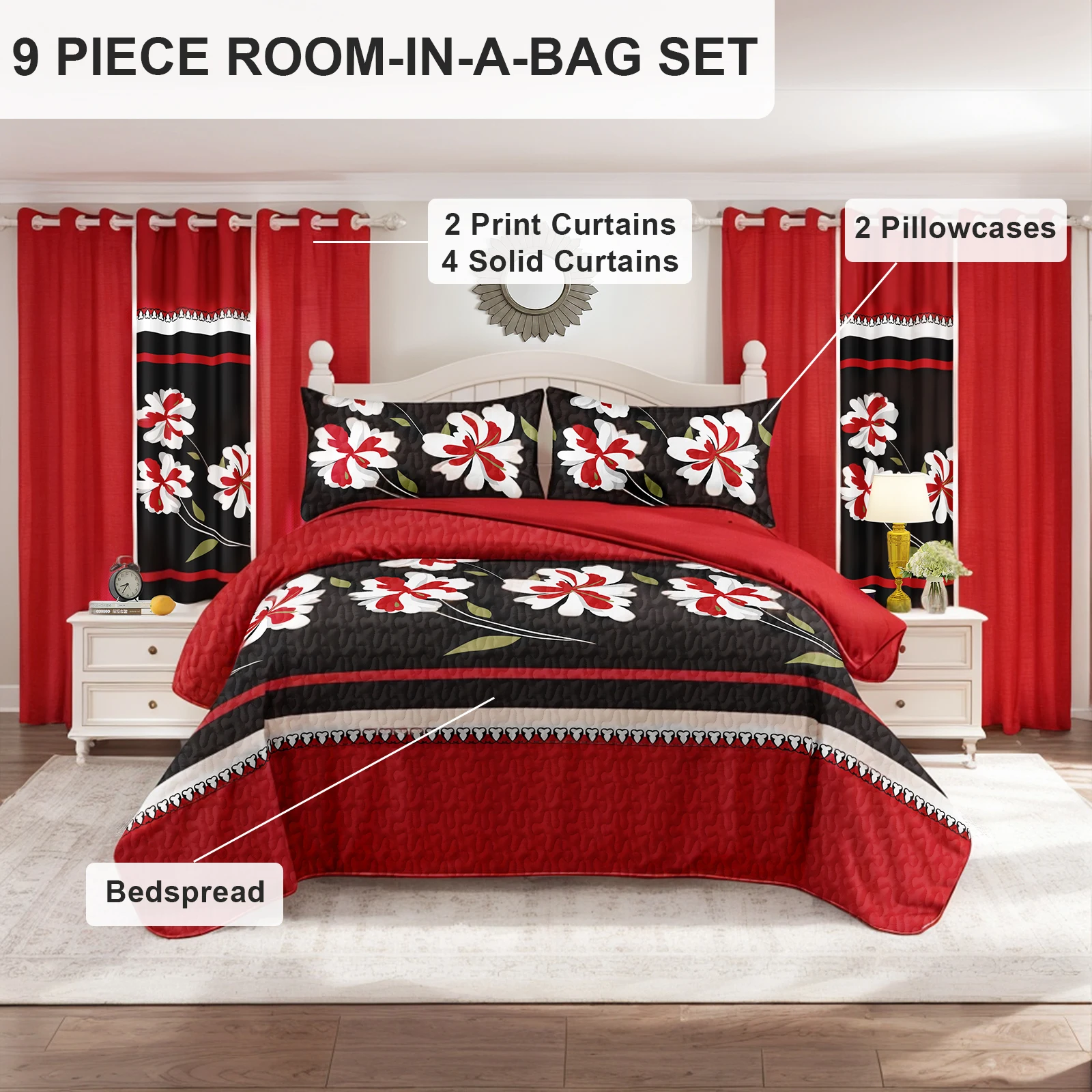 

Black Red Floral 9Pcs Bedding Set Microfiber Bedspread 2 Printed 4 Solid Curtains 2 Pillowcases Home Bedroom Decor