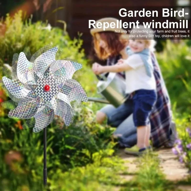 2Pcs Bird Repeller Pinwheels Reflective Sparkly Windmill for Garden Lawn Flower Protection Decoration