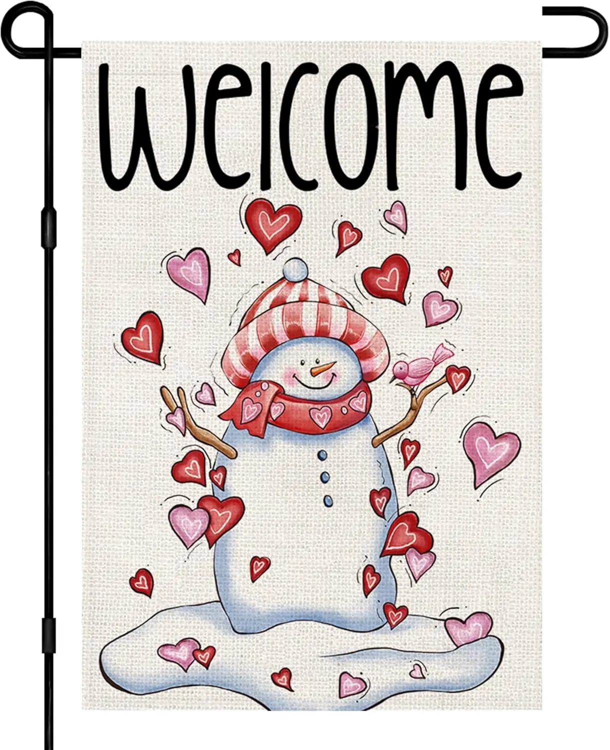 Snowman Love Heart Welcome Garden Flags Burlap 12x18 Inch Double Sided Outside, Valentines Day Decoration Holiday Yard Sign DF41