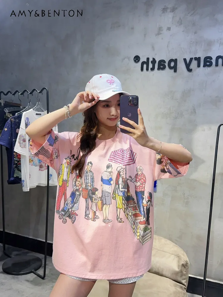 

Summer New American Street Style Women's Pink Cartoon Character Hot Rhinestone Loose Casual Round Neck Short Sleeve T-shirt