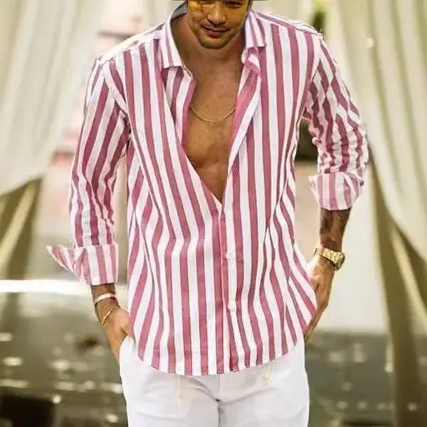 

Men's Striped Blouse irts Summer Spring Turn down Collar Long Sve Ne Thiened Fce Autumn Faion Men's irt