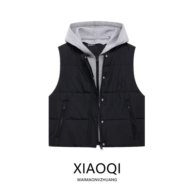 

2024 Autumn Winter New Women's Faionable Hooded Patchwork Svel Cotton Vest Jaet 3023 Versatile All-Match Sle