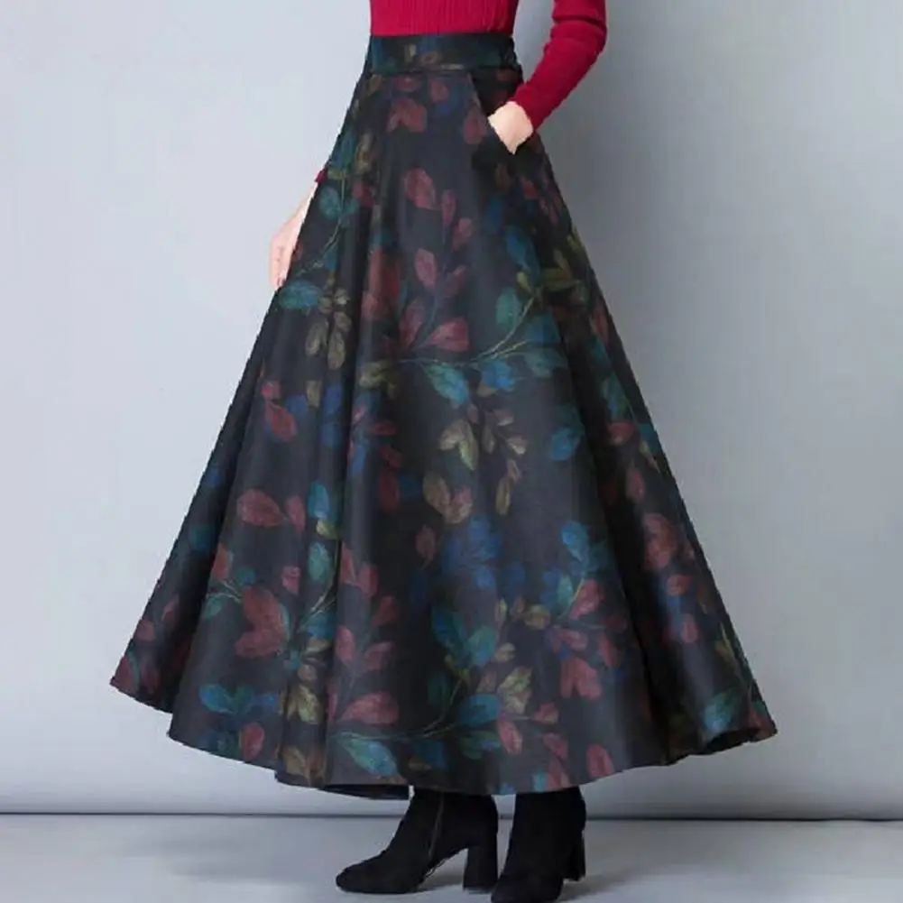 

Fashion Maxi Skirt Elastic Waist Ankle Length Windproof Women Autumn Winter Printed Long Skirt