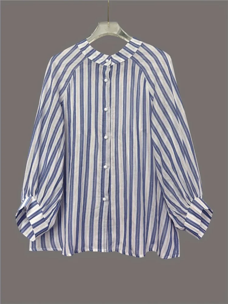 

Women's Casual Striped Shirt Long Sleeve O Neck Button Loose Shirts Single-Breasted Striped Fashion Shirts Sweet Ladies Blouse