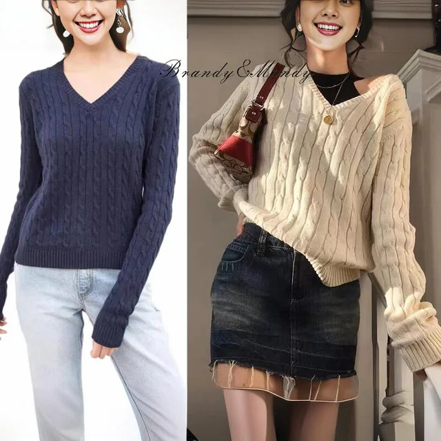 Sweater Brandy Mandy Women Top Autumn Casual Sweaters V Neck Long Sleeve Knit Pullover Sweater For Girls Navy Woman Crop Sweater Pullovers AliExpress