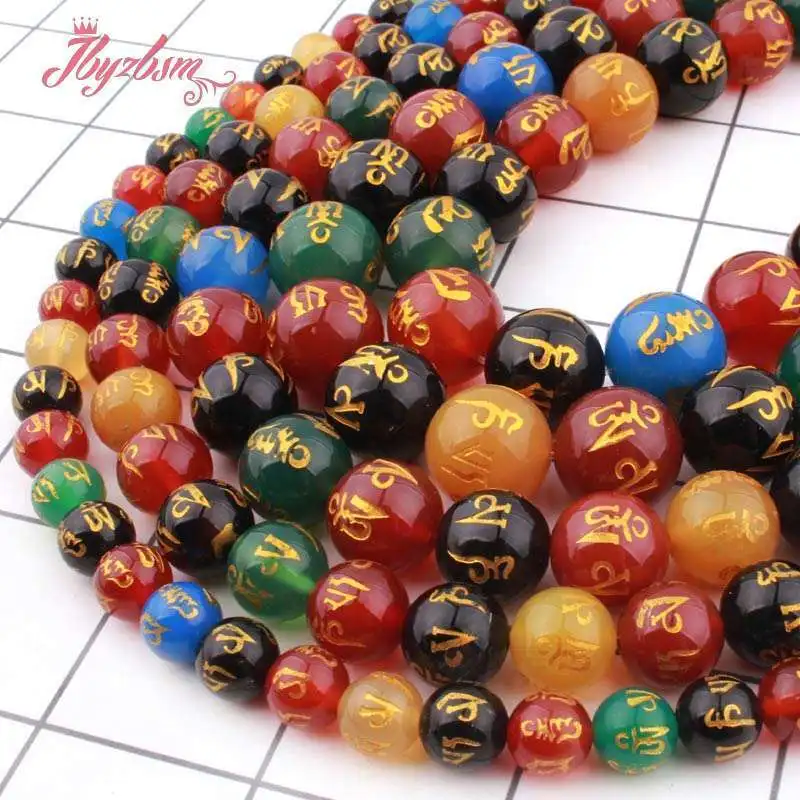 6/8/10mm Round Multicolor Mantra Tibetan Agate Natural Stone Beads For DIY Necklace Bracelets Jewelry Making Strand 15 Inches