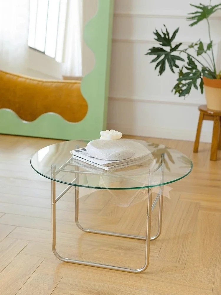 Living room minimalist round transparent glass coffee table Internet celebrity wrought iron sofa removable storage small table