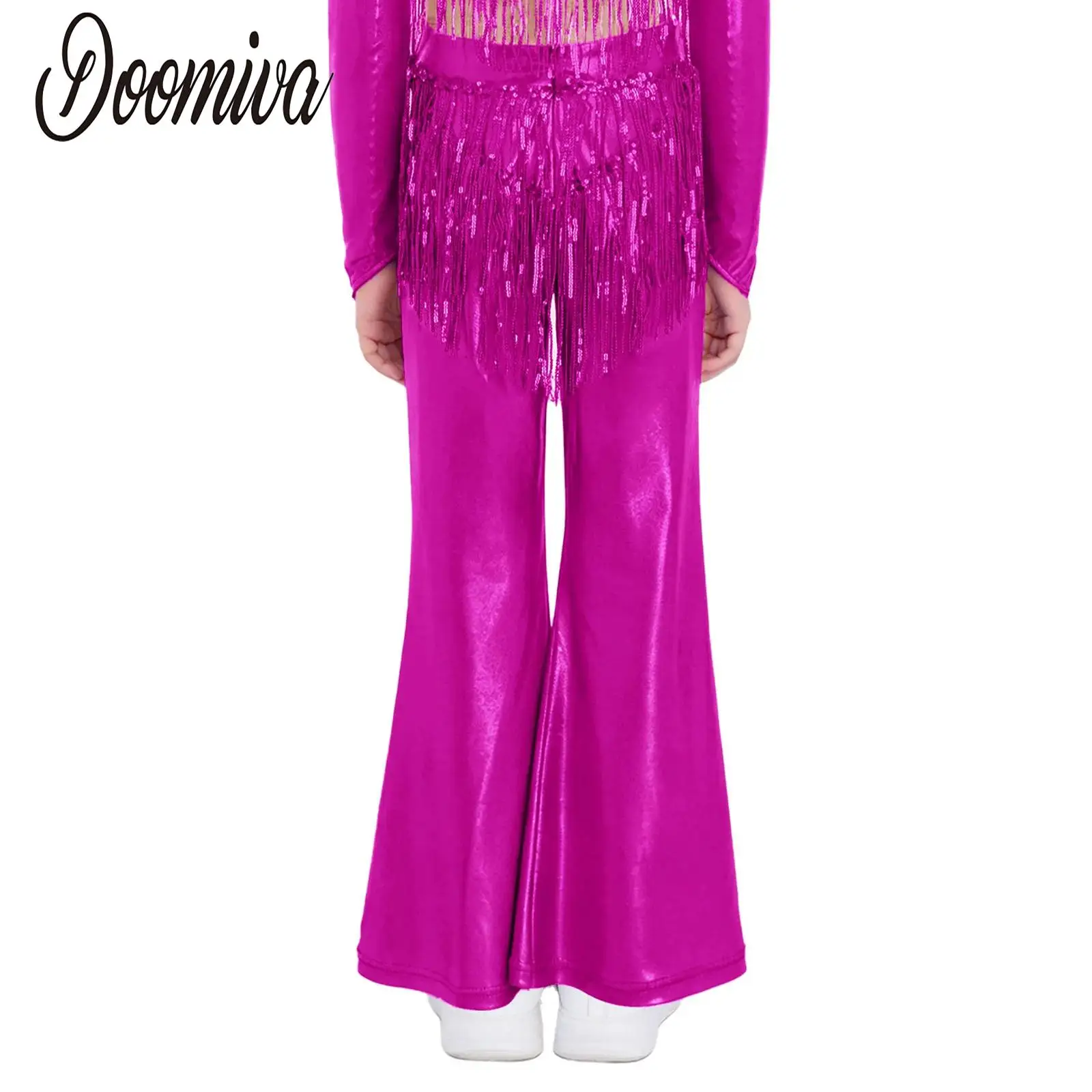 

Kids Girls Metallic 70s Disco Flared Pants Tango Samba Jazz Dancewear Sparkly Sequin Tassels Performance Bell-Bottom Trousers