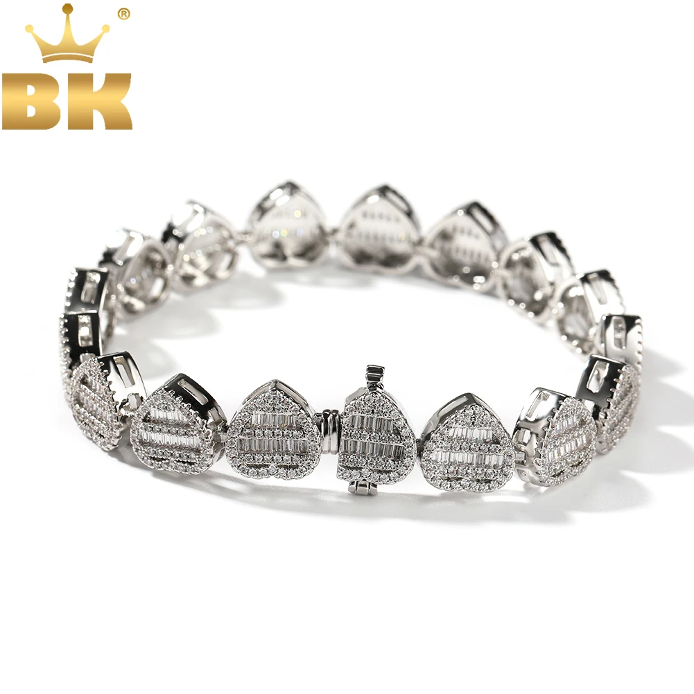 

TBTK 12mm Heart Bracelet BaguetteCZ Full Paved Out Cubic Zirconia Link Chain Luxury Engagement Gift For Women Hiphop Jewelry