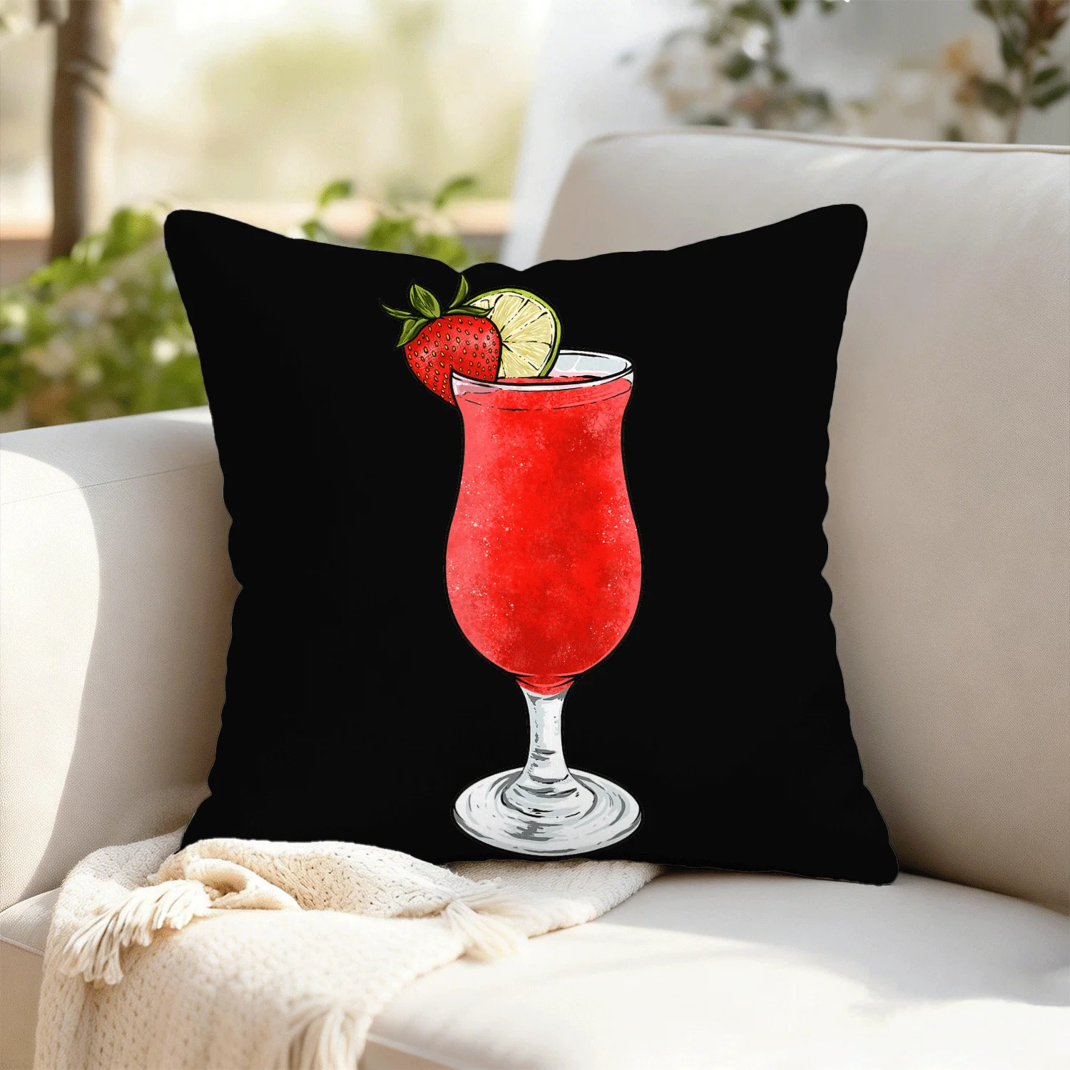 Red Cocktail Pillow Case, Strawberry Drink Print Cushion Cover, Summer Bar Decor Throw Pillow Slipcover for Sofa
