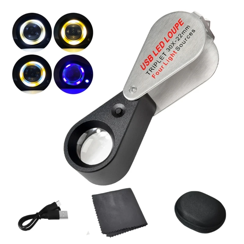 10X/20X/30X Magnifying Lens Handheld Eye Loupe Magnifier for Stamps Coin Inspection Portable Magnifying Glass with Light M4YD