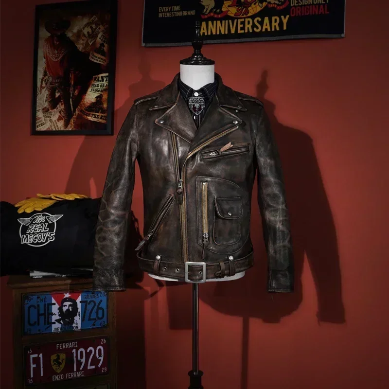 Tailor Brando Full-grain Teacore Cowhide Handaged Men's Classic J24 Motorcycle Jacket Double Rider Genuine Leather Jacket