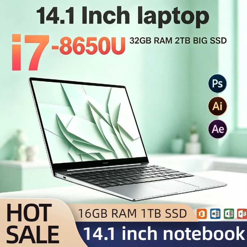 14.1 Inch Ultra Slim Gaming Laptop Intel Core i7 8650U 4C8T 1.9 4.2GHz 32GB RAM 2TB SSD PC Gamer Office 1920x1080 HD Ultra