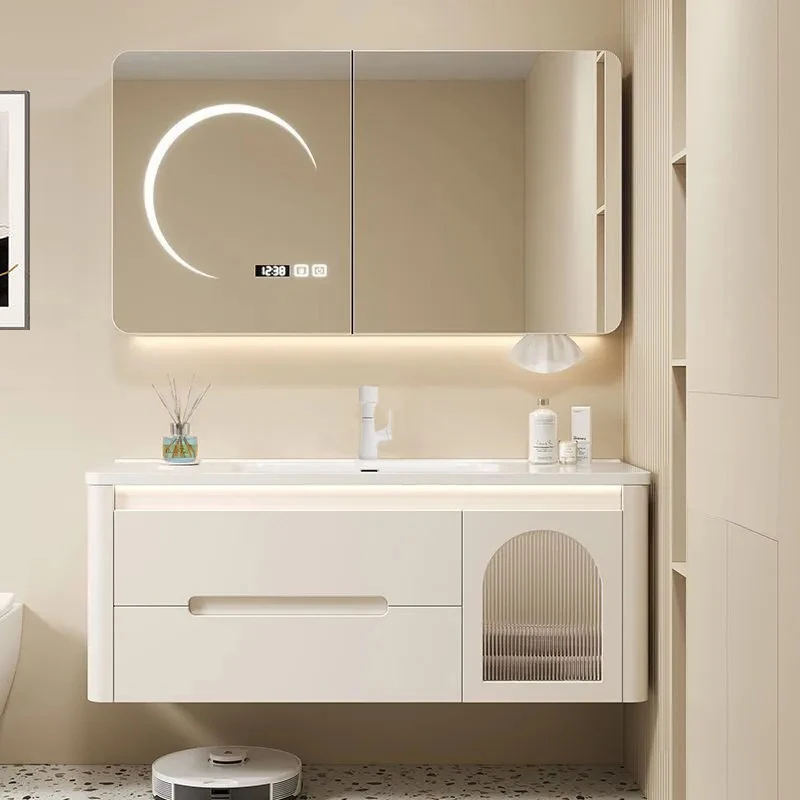 

Modern Simple Oak Bathroom Cabinet Rounded Corners Integrated Ceramic Basin Bath Mirror MDF Cream Wash Basin Cabinet Set